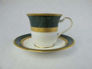 Noritake 4712 Cup And Saucer Fitzgerald,  Green Marble Rim,  Gold Trim.