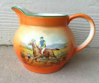 Czechoslovakia Porcelain Creamer Pitcher Of Fox Hunt Orange Horse Jockey Vintage
