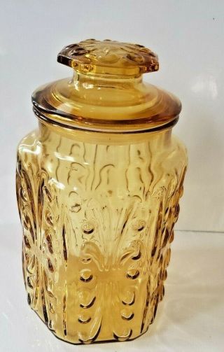 Vintage Atterbury Amber Glass Canister Jar W Lid 9.  5 " Tall Scroll Fleur De Lis