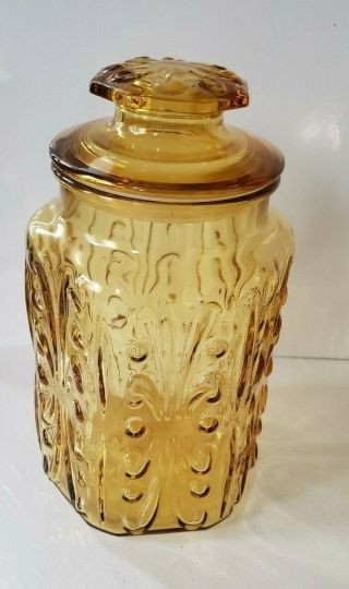 Vintage Atterbury Amber Glass Canister Jar w Lid 9.  5 