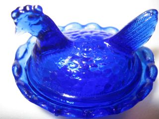 Boyd Cobalt blue glass salt cellar celt hen / chicken on nest basket dish chick 5