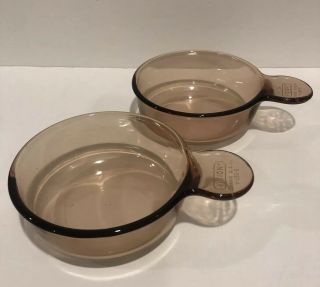 Vintage Corning Visions Cookware Grab It Set Of 2 Amber Glass Bowls V - 150 - B
