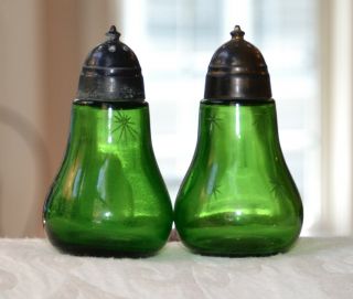 Paden City Etched Glass Salt & Pepper Shaker Set EMERALD Green Etched Stars 5