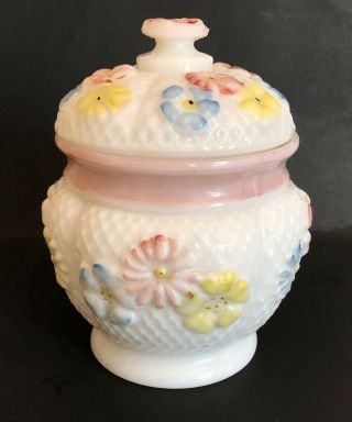 Vintage Milk Glass Covered Candy Dish With Hand Painted Flower And Pedestal Base