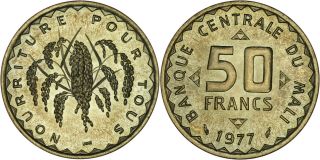 Mali: 50 Francs Nickel - Brass 1977 Unc