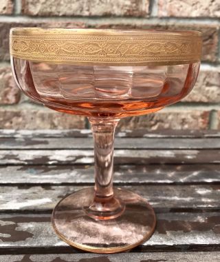 Vintage 6” Pink Depression Glass Compote Pedestal Dish Bowl Gold Trim