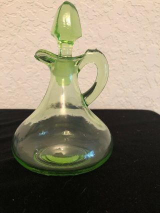 Vintage Green Depression Glass Oil Vinegar Cruet W/stopper 5 1/2”
