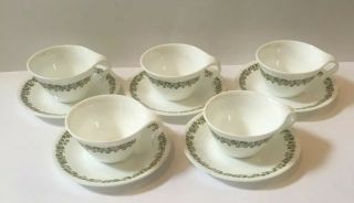 5 Corelle Corning Cups W/ Saucer Green Spring Blossom Crazy Daisy Hook Handle
