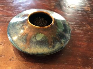 Pottery Ikebana Japanese Vase With Flower Frog Pin Glazed Artist Signed