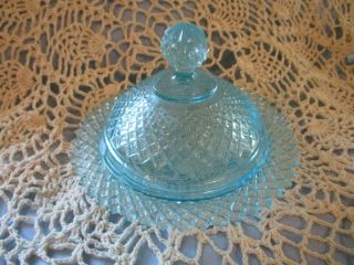 Vintage Blue Glass Round Butter Dish W Dome Cover Waffle Cut