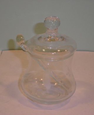 Etched Glass Covered Jar Apothecary Creamer Sugar Pitcher With Stir Stick Spoon