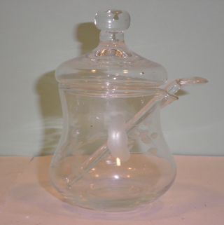 Etched Glass Covered Jar Apothecary Creamer Sugar Pitcher with Stir Stick Spoon 2