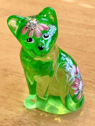 Fenton Hand Painted Green Glass Cat Figurine D Frederick