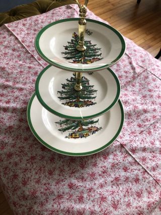 3 Tier Spode Christmas Tree Cake Plate/stand Tray With Gold Handle