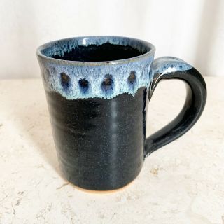 Blue Drip Coffee Mug Hand Thrown Speckled Stoneware Signed Usa