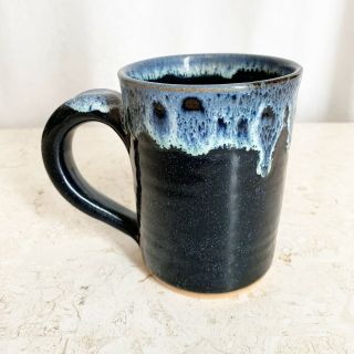 Blue Drip Coffee Mug Hand Thrown Speckled Stoneware Signed USA 2