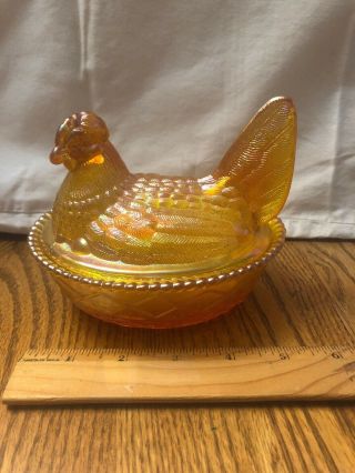 Westmoreland Miniature Frosted Amber Glass Hen On Nest Dish Or Trinket Box