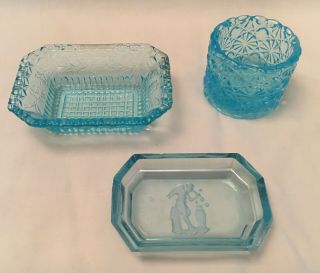 3 Pc.  Eapg Antique Pattern Blue Glass Salts Intaglio Daisy & Button Wildflower