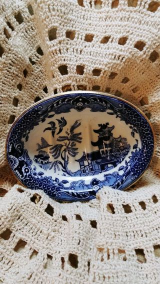 Old Burleigh Ware English Flow Blue Transferware Blue Willow Soap Dish