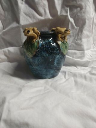 Vintage Majolica Style Art Studio Pottery 4 Frogs On Lily Pads Bowl /planter