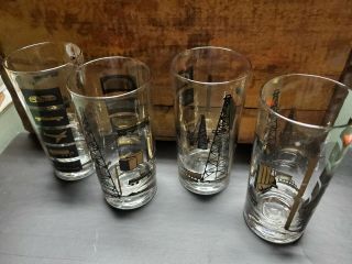 4 Vintage Mcm Black Gold Tumblers - Transportation - Highball Bar Glasses