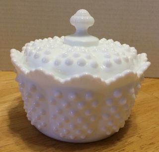 Vintage Fenton Hobnail White Milk Glass Covered Candy Dish