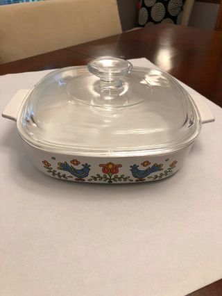 Vintage Corning Ware Casserole 1975 Blue Bird Pattern With Lid Country Festival