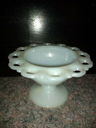 Small Vtg White Milk Glass Laced Edge Pedestal Dish Anchor Hocking 3 " 2 Compote