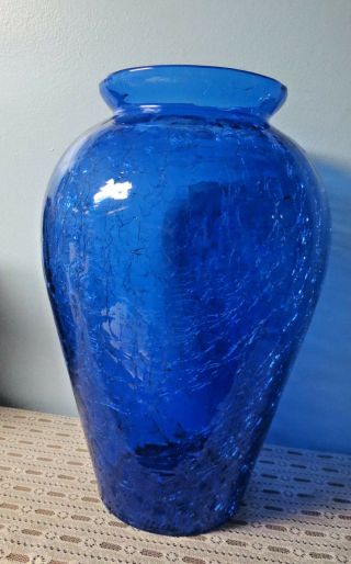 Vintage Cobalt Blue Extra Large Crackle Vase 13 " High