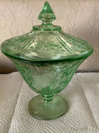 Depression Green Glass Candy Dish With Lid With Flowers Small Chips