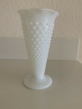 Vintage Hobnail Milk Glass 9.  5 Inches Vase Trumpet Flute