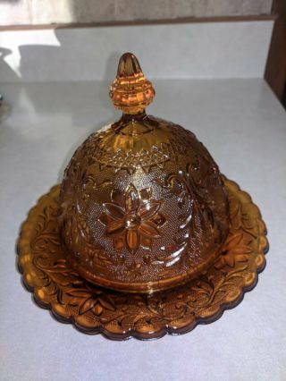 Tiara Glass Sandwich Amber Round Covered Butter Cheese Dish With Lid