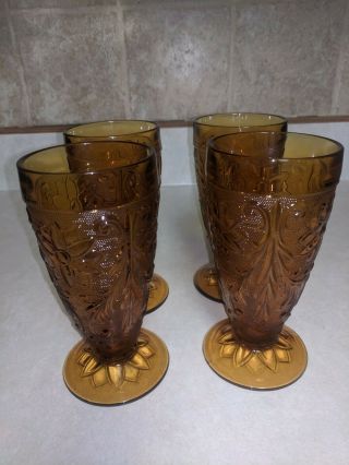 4 Indiana Tiara Sandwich Amber Footed Glass Iced Tea Water Glasses 6 - 3/8 " Tall