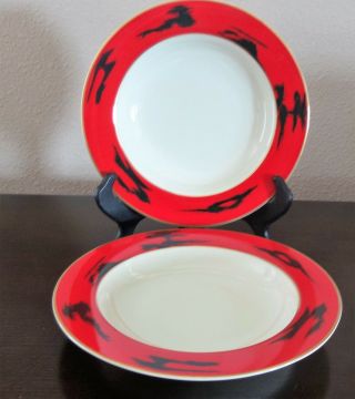 Mikasa Fine China Negora Red Rim Soup Bowls X2 Red W/ Black Brushstrokes