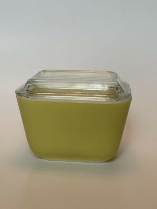 Yellow Greenish Pyrex Fridge Dish with Lid 1 1/2 Cup Vintage Unique 501 B 2