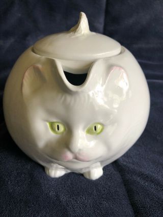 Vintage Horchow Hand Painted Cat Kitten White Teapot Pitcher Lid Made In Italy