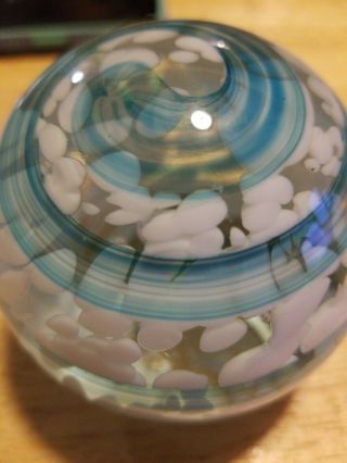 Vintage Joe St.  Clair Paper Weight White Dots With Blue Swirl