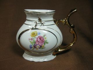 Jome Czechoslovakia Porcelain Straw Handle Cup Floral Spray Gold Trim & Handle