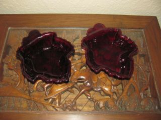 Set Of 2 Vintage Ruby Glass Canadian Maple Leaf Candy Nut Dish Bowls Pristine