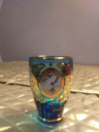 Victorian Bohemian Moser Blue And Gold Hand Painted Enamel Shot Glasses.  Unique