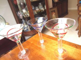 Hand Blown Martini Glasses By San Miguel,  Set Of 3 Swirl Design,  7.  5 " Tall By 5 "