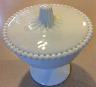 Vintage White Milk Glass Footed Bowl Candy Dish With Lid Beaded Edge 6x53/4