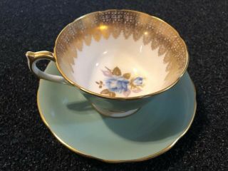 Vintage Aynsley Bone China Tea Cup/saucer Blue Rose Turquoise Heavy Gold Gilding