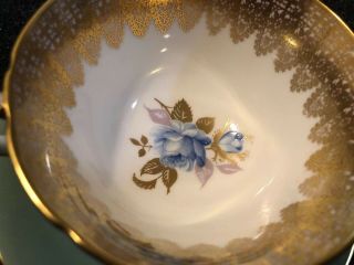 Vintage Aynsley Bone China Tea Cup/Saucer Blue Rose Turquoise Heavy Gold Gilding 2