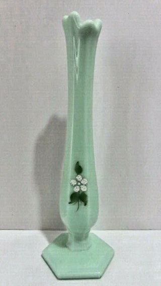 Vtg Westmoreland Green Milk Glass Swung Bud Vase Hand Painted Artist Signed