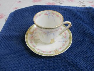Theodore Haviland Limoges Roses And Blue Ribbon Demitasse Cup/saucer.