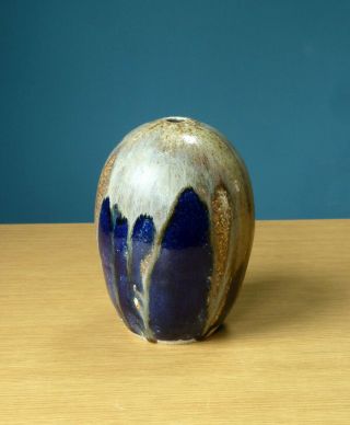 Studio Pottery Weed Pot Bud Vase Blue Drip Glaze 1970s Vintage Mcm Ceramics