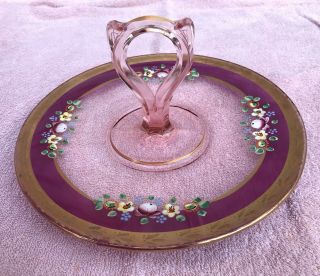 Vintage Server Plate Pink Glass Center Handle Hand Painted Flowers Gold Rim Deco