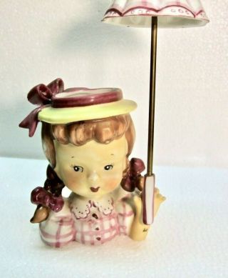 Vintage Napco Lady Head Vase: Girl With Pigtails & Red Parasol Umbrella