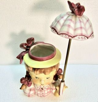 Vintage Napco Lady Head Vase: Girl with Pigtails & Red Parasol Umbrella 4